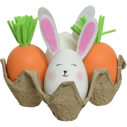 Decoris 4 Ostereier im Eierkarton 11x18cm Osterhasen Karotten Osterdeko Tischdeko Ostern