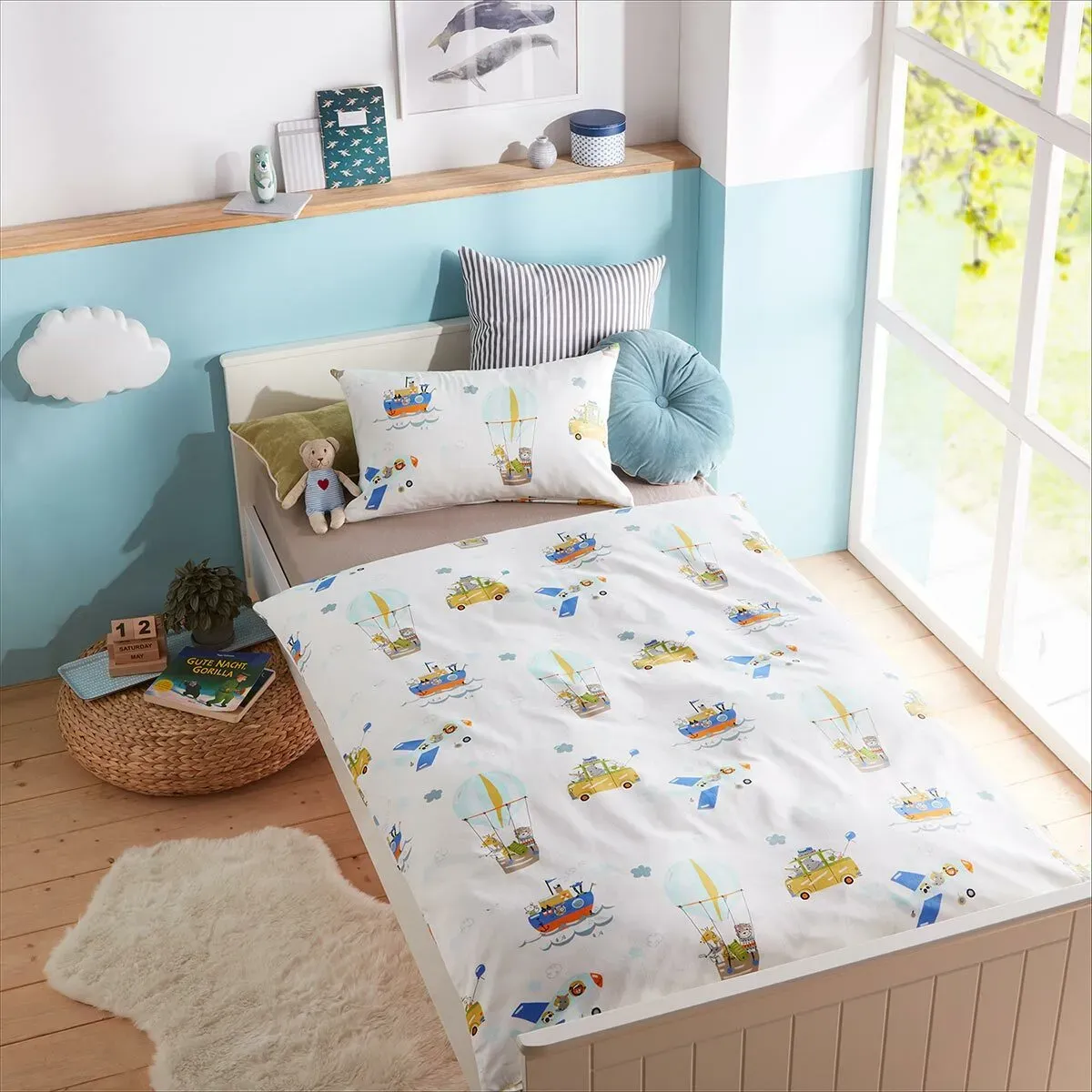 Lorena Mako-Satin Bettwäsche Abenteuerurlaub 100x135 cm + 40x60 cm - bunt;weiß