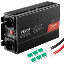 Vevor Sinus-Wechselrichter, 1500 W DC 12 V AC 230 V Wechselrichter mit 2 AC-Steckdosen 2 USB-Anschlüssen 1 Typ-C-Anschluss 6 Ersatzsicherungen für kleine Haushaltsgeräte wie Smartphone-Laptops