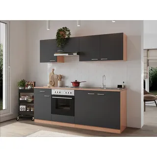 Respekta Küchenzeile Gerda 210 cm E-Geräte Edelstahlkochmulde grau/buche nachbildung