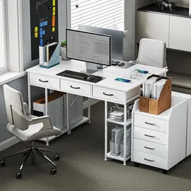 Homcom Schreibtisch Küchentisch mit 2 Steckdosen Computertisch mit verstellbare Regalböden 3 Stoffschubladen Arbeitstisch Laptoptisch Büroregal Weiß 120x40x76 cm