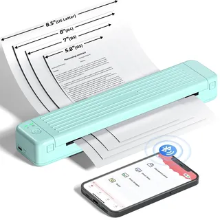 ASprink Mobiler Drucker A4 für Unterwegs, Thermodrucker A4 P831 für US Letter/A4/B5/A5, 300DPI Drucker Klein Kompakt für Normalpapier/Thermopapier mit 1 P831 Use Ribbon - Grün