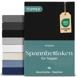 Twinzen Topper Spannbettlaken 180x200cm cm Premium, Baumwolle mit 5% Elastan, 250gsm - 18cm Matratzenauflage - Schwarz - Oeko-Tex