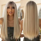 Allbell Lange Gerade Blonde Perücken für Frauen Natürlich aussehende Perücken mit Pony Blond Synthetische Haarersatz mit dunklen Wurzeln...