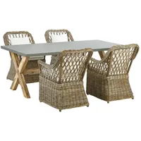 BELIANI Gartenmöbel Set 5-teilig Natürlich Rattan Tisch 200 x 100 cm Rechteckig Grau Faserzement mit 4 Stühlen Auflagen Cremeweiß Baumwolle Out... - Beige/Grau/Weiß/Hellbraun