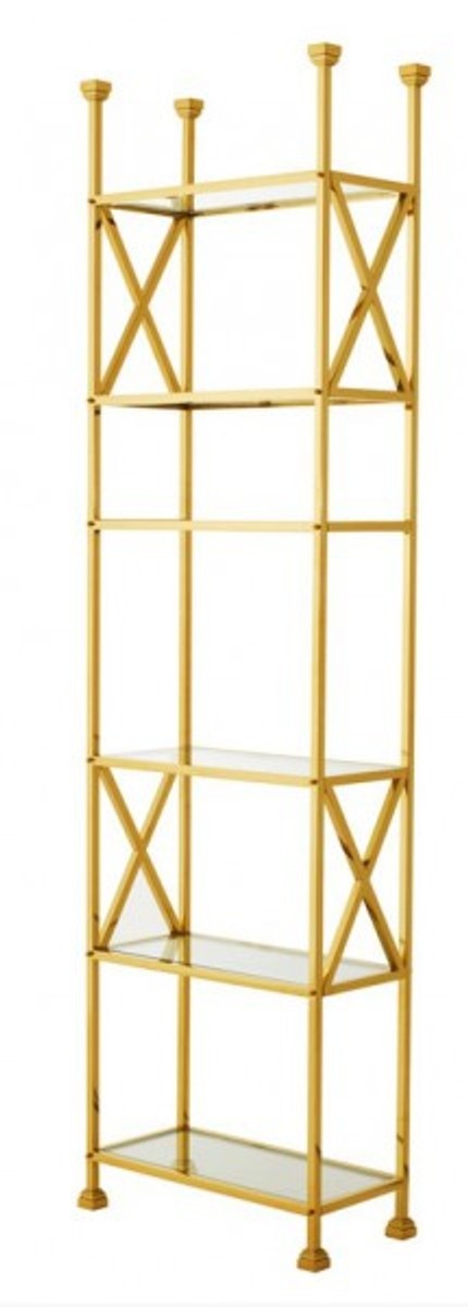 Casa Padrino Luxus Regal Schrank Edelstahl Gold mit Glasböden B 65 x H 230 cm Bücherregal Regal Schrank - Art Deco Möbel