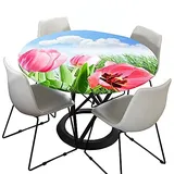 Morbuy Rund Tischdecke Elastisch, 3D Tulpe Rund Tischdecken Wasserdicht Lotuseffekt Abwaschbar Abwischbar Tischtuch für Dekoration Küchentisch Garten Outdoor (Durchmesser 100cm,Rosa Tulpe)