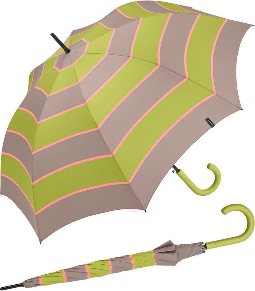 Esprit Langregenschirm Damen Auf-Automatik - Collegiate Stripe atmosphere, groß, stabil, mit Streifen-Muster bunt|grün