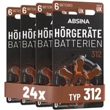 Absina Hörgerätebatterien 312 24 Stück mit gut greifbarer Schutzfolie - Batterien für Hörgeräte 312 Zink Luft mit 1,45V - Typ 312 Hörgeräte Batterie Braun - PR41 ZL3 P312 Hörgerätebatterien