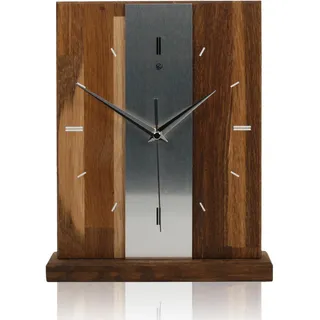 Kreative Feder Designer-STANDUHR Silver Stripe aus MASSIVHOLZ ca. 27x20cm – analoge TISCHUHR ohne Tickgeräusche (Eiche geräuchert, Quarzuhrwerk)