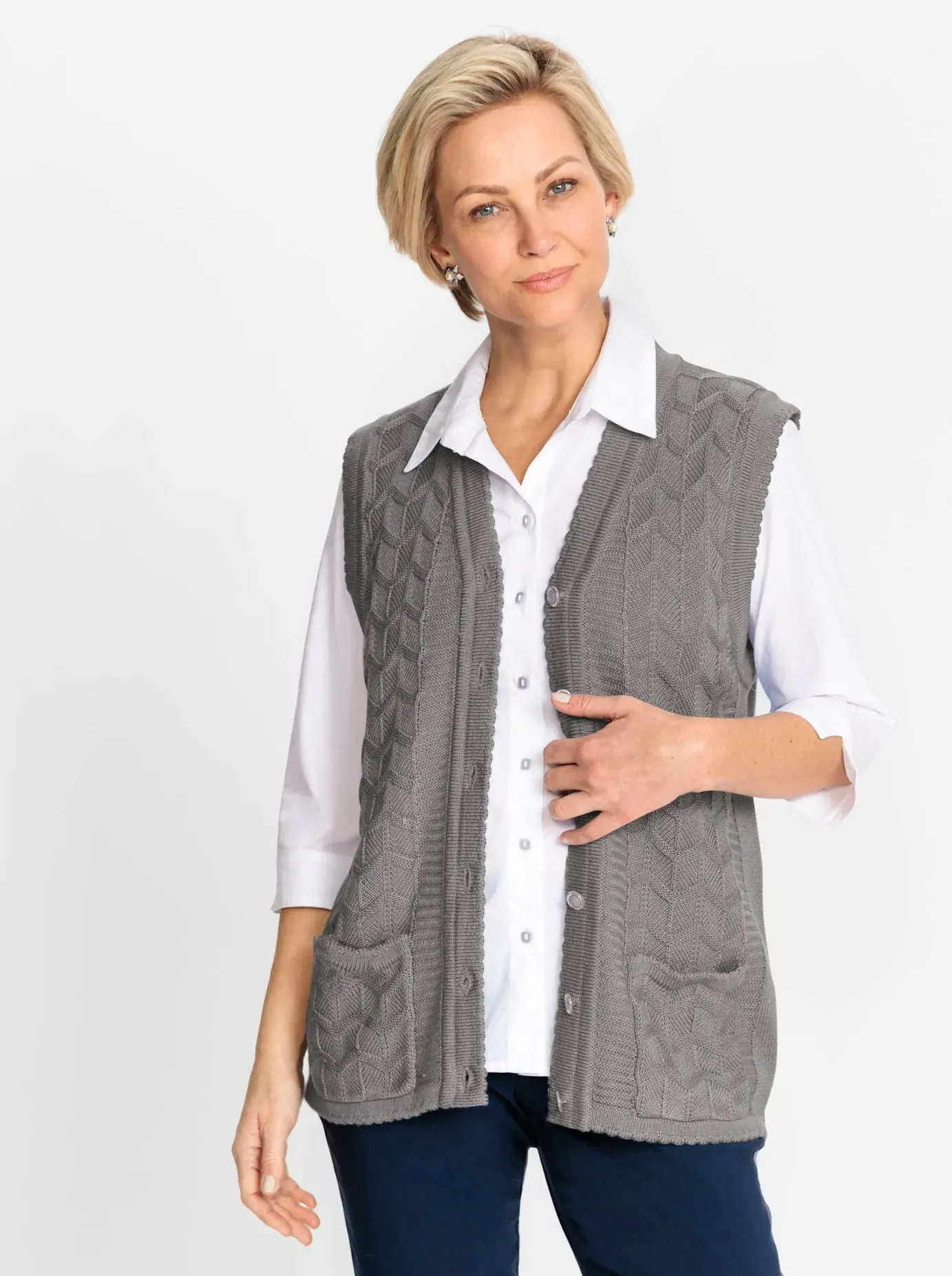 Strickweste CLASSIC, Damen, Gr. 46, grau (steingrau), 100% Polyacryl, unifarben, Westen Strickweste