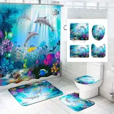 SMchwbc Ozean Delfin Duschvorhang 180x180 180x200 Delfin Fisch Blau Strand Duschvorhänge Set Polyester Delfine Pflanzen Shower Curtains Badezimmerteppich 4-teiliges Set (200 x 240 cm(BxH),1)