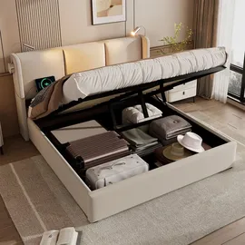 XDOVET Polsterbett Doppelbett(140x200,Beige)Stauraum Bettkasten Leselicht mit Ladefunktion Kopfteil,Stauraumbetten Jugendbett mit lattenrost - Beige