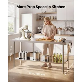 Vevor Edelstahltisch Gastro 1829 x 610 x 894 mm, Verstellbarer Edelstahltisch mit Aufkantung, Arbeitstisch mit Grundboden für Restaurant Schwerlast Obere Ablage (263 kg) Untere Ablage (218 kg)