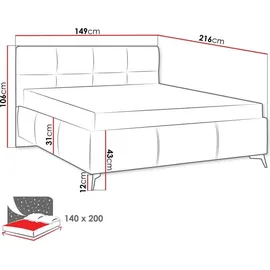 Mirjan24 Polsterbett Genua, Bett mit Bettkasten, Polsterkopfteil, Gasdruckfeder und Metallfüße (Farbe: Fresh 01, Größe: 140x200 cm, - Beige