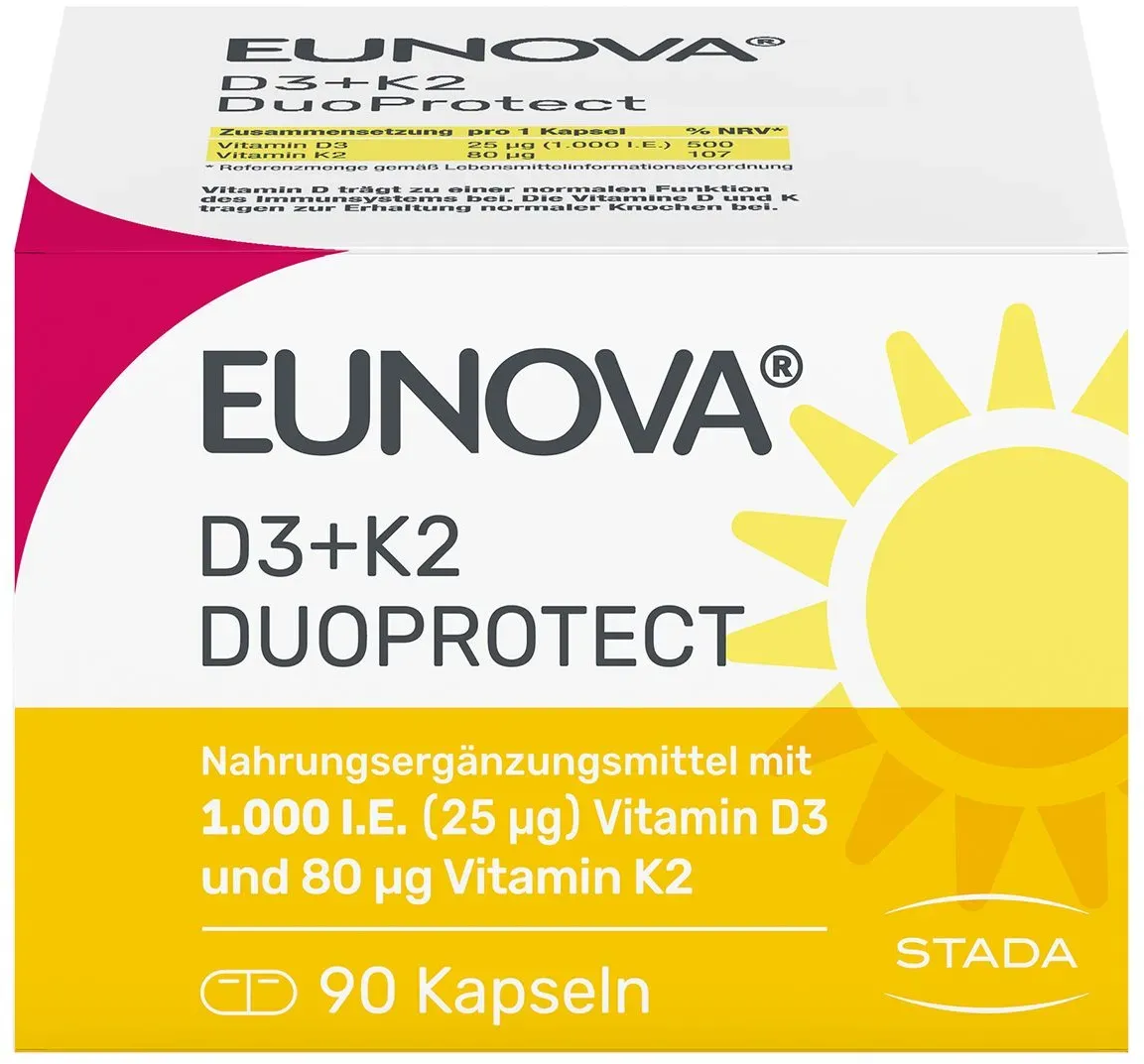 Eunova® D3 + K2 DuoProtect – 1.000 I.e.  Nahrungsergänzungsmittel zur normalen Funktion des Immunsystems & Erhaltung normaler Knochen