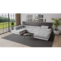 Goldstoff Wohnlandschaft RELAX U Ecksofa mit Schlaffunktion, Kunstleder & Samt, 345 × 205 cm, zwei Bettkästen, verstellbare Kopfstützen grau