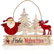 COM-FOUR Hängedeko Weihnachten - Holz-Aufhänger Schriftzug mit Santa Claus und Elch - Türschild Frohe Weihnachten aus Holz für Tür, Fenster oder Wand (Santa im Wald)