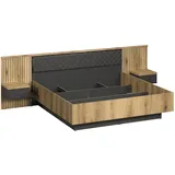 trendteam Schlafen Bettanlage Esteban in grau und Evoke Eiche Melamin/Anthrazit, B/H/T 302/97/204 - 2 Nachtkonsolen Beleuchtung - (BxHxT) 302 x 200 cm) inklusive LED-Beleuchtung