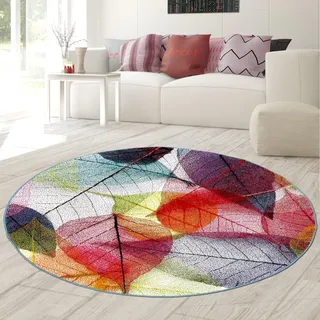 Teppich-Traum Teppich Wohnzimmer Wohnbereich Tischunterlage Essbereich pflegeleicht strapazierfähig Mehrfarbig farbecht mit Laubmuster in Bunt, 160 cm Rund
