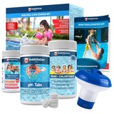 Veddelholzer Mini 4 in 1 Reinigungsset Pool & Spa Poolreiniger, Tester pH, Chlortabletten für Pool 2,7 g, ph minus, Skimmer zur Poolpflege für Anfänger mit Anleitung Perfekte Pool Reinigung & Whirpool