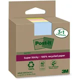 Post-it Super Sticky 100% Recycling Notes, 3+1 GRATIS-Blöcke/Packung, 70 Blätter pro Block, 76 x 76 mm, Pink, Grün, Gelb, Blau - Extra starke Haftnotizen aus 100% Recyclingpapier