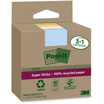 Post-it Super Sticky 100% Recycling Notes, 3+1 GRATIS-Blöcke/Packung, 70 Blätter pro Block, 76 x 76 mm, Pink, Grün, Gelb, Blau - Extra starke Haftnotizen aus 100% Recyclingpapier