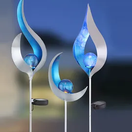 GLOBO Solar Fackeln Mond Garten Gartendeko Solarlampe Solarleuchte Außen, Blauer Lichteffekt, Crackle Glas, IP44, LED kaltweiß, H 90 cm, Garten Balkon, 2er Set