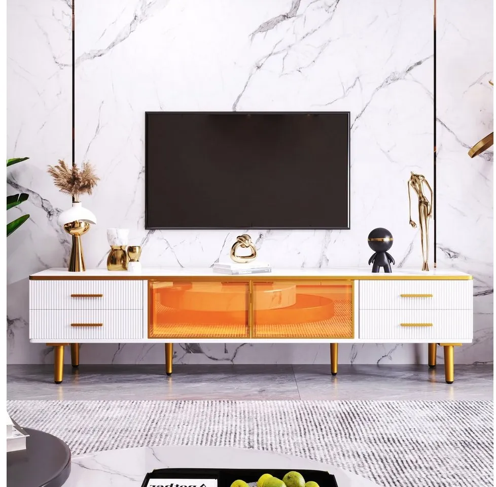 Celya TV-Schrank in Mamoroptik,Modernes TV-Lowboard für Wohnzimmer 170 x 37x 47,5cm, 4 Strukturierte Schubladen mit Goldenen Griffen weiß