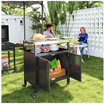 Outsunny Grillwagen, 3-Etagen Servierwagen mit Arbeitsfläche, Schrank, Haken, Räder, Schwarz