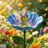 Vogeltränke Gartenstecker Stehend Metall, Vogeltränke Gartendeko für Draußen Wetterfest, Blume Vogelbad Garten, Blumenstecker Gartendeko Stehend Bienentränke Insektentränke Futterstation (Blau)