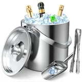 gmgxx Eiswürfelbehälter Edelstahl, 3,2L Eiseimer mit Doppelwand-Design, Eisbehälter für Eiswürfel Eiskübel mit Deckel & Eisschaufel & Zangen, Tragbar Eiskühler zum Kühlen von Bier Champagner Wein