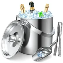 gmgxx Eiswürfelbehälter Edelstahl, 3,2L Eiseimer mit Doppelwand-Design, Eisbehälter für Eiswürfel Eiskübel mit Deckel & Eisschaufel & Zangen, Tragbar Eiskühler zum Kühlen von Bier Champagner Wein