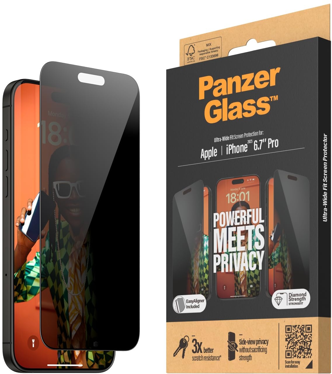 PanzerGlass - Privacy Screen Protector iPhone 15 Pro Max - Ultra-Wide Fit w. EasyAligner