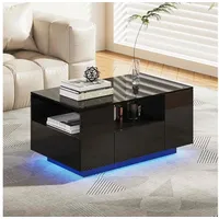 Makika LED Couchtisch / Design Wohnzimmertisch mit Ablagefach und Schubladen - Schwarz Hochglanz