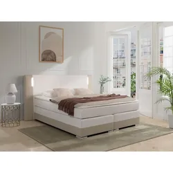 LED-Boxspringbett mit Kopfteil + Lattenroste + Matratzen + Topper - 160 x 200 cm - Kunstleder - Weiß & Cremefarben - ASTI von YSMÉE