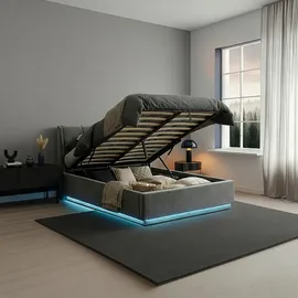 [en.casa] LED Polsterbett Tröstiar mit Bettkasten Leinen 160 x 200 cm, Schlafzimmer, Betten, Polsterbetten