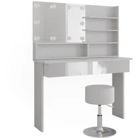 Vicco Schminktisch Azur Weiß/Weiß Hochglanz, 120 cm mit Spiegelregal, Hocker & LED-Beleuchtung