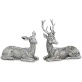 Kleines Liegendes Silber Deko Hirsch Paar & Geweih - Weihnachten Wildfigur 2tlg.