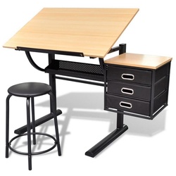 DOTMALL Tischsitz Neigbarer Tisch-Zeichentisch mit drei Schubladen und Hocker