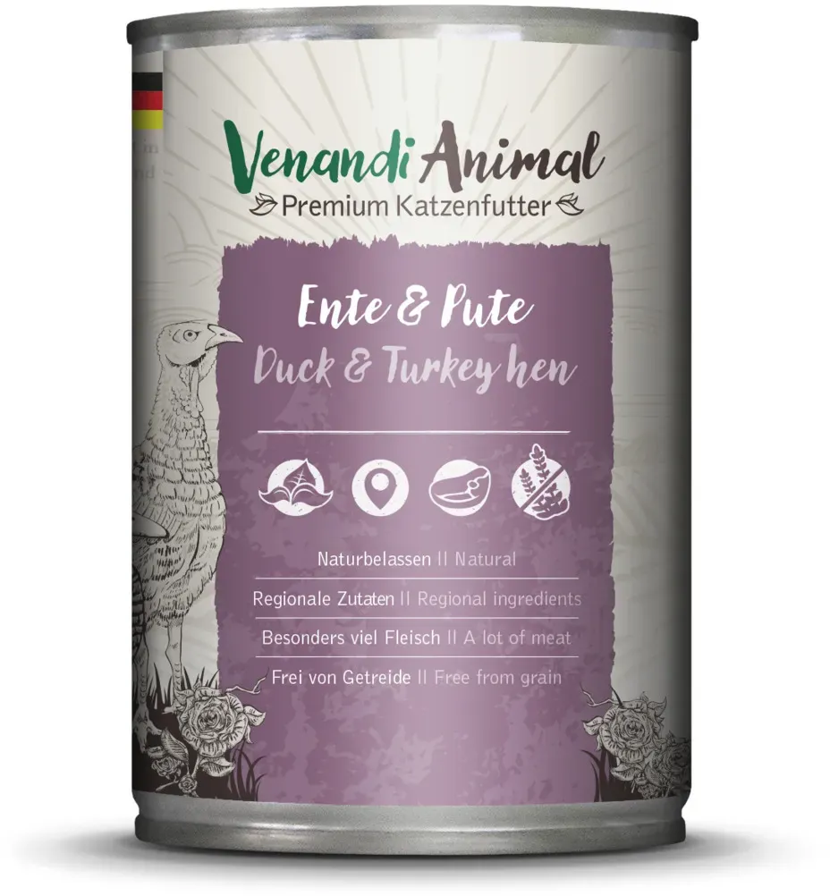 Venandi Animal 400 Gramm Katzennassfutter Sparpaket 12 x 400 Gramm Ente & Pute