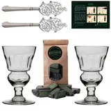 ALANDIA Absinth Zubehör Set Pontarlier Premium | 2x handgemachte Gläser mit Reservoir | 2x Löffel aus Edelstahl | 1x Zucker