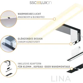 SSC-LUXon LINA 3-in-1 Design Bad Spiegelleuchte 30cm warmweiß LED 8W IP44 chrom glänzend 230V, Stückzahl:1er Set