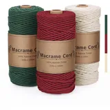 PUWOWYE 3 Stück Makramee Garn 3mm, Makramee Garn Set Rot Grün Beige, Makramee Baumwollgarn 3mm Natur für Weihnachten Basteln Stricken Boho Deko DIY Handwerk Weihnachtstag, 3x100M