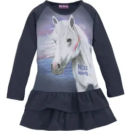 Miss Melody MISS MELODY, Mädchen, Gr. 104/110, N-Gr, blau (marine, bedruckt), Single Jersey, Obermaterial: 95% Baumwolle, 5% Elasthan, bedruckt, Rundhals, Raglanärmel abgesteppte Kante, Kleider Jerseykleid, toller Frontdruck mit Glitzereffekt