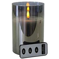 Hochwertige LED Kerze im Glas - mit Fernbedienung & Timer - ⌀ 10 cm - Realistische & Flackernde Flamme - Weihnachten Deko (Grau, Klein: 15 cm)
