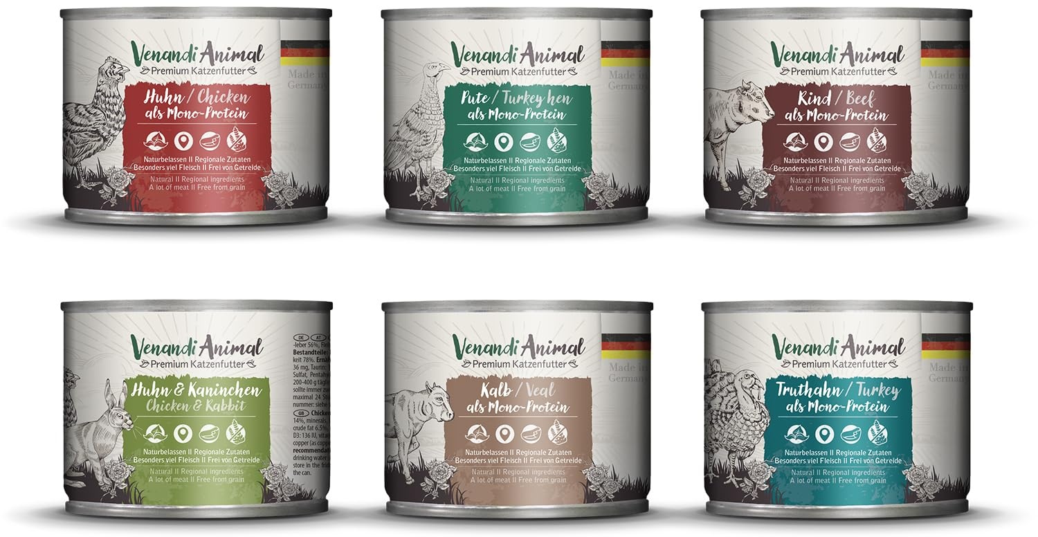 Venandi Animal - Premium Nassfutter für Katzen - Probierpaket III (Huhn, Ente, Rind, Pferd, Kalb, Truthahn) als Monoprotein 6er Pack (6 x 200 g), getreidefrei, Monoprotein