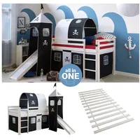 Homestyle4u Hochbett 90x200 mit Vorhang Lattenrost Rutsche Turm Tunnel in Weiß Pirat 2543