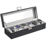 ProCase Uhrenbox mit 6 Fächern, Uhrenkasten Uhrenaufbewahrung aus PU-Leder Watch Box mit Glasdeckel -Schwarz