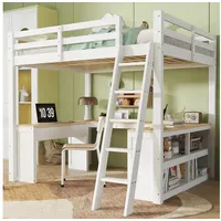 Flieks Hochbett Kinderbett 140x200cm mit Schreibtisch Regal Rausfallschutz und Leiter weiß